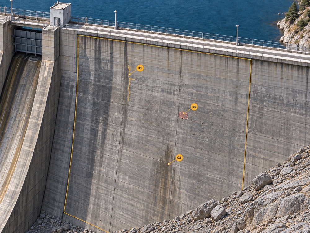 A section of the dam face with three findings marked on it