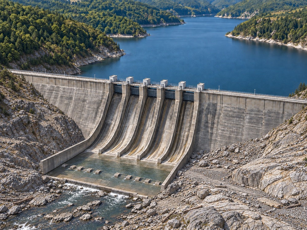 A concrete gravity dam and its spillway from the air